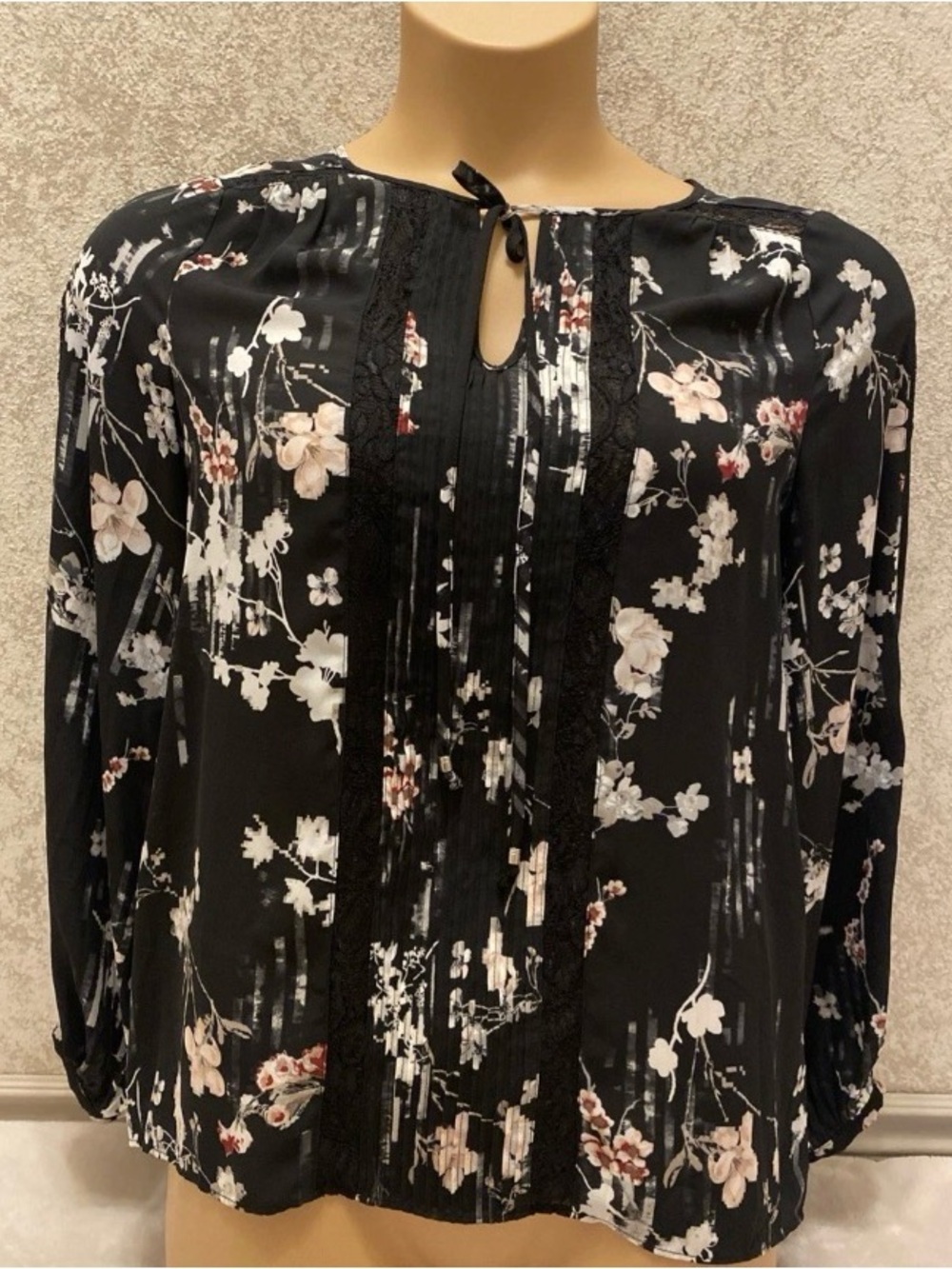 White House Black Market Black Floral Tie-Front Lace Accent Blouse